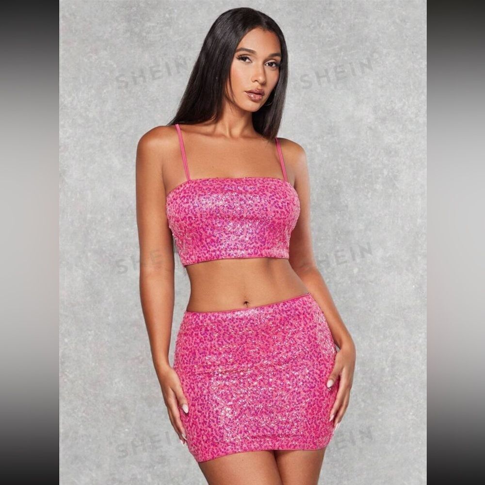 SHEIN Sequin Pink Mini Skirt Set